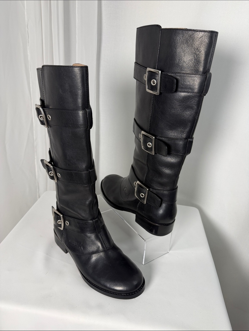 ✨ COACH Jordan Black Leather Multi-Buckle Tall Moto Boots - 7.5 ✨